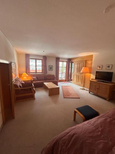 a large living room with a couch and a tv at Ganda Appartements in Gargellen