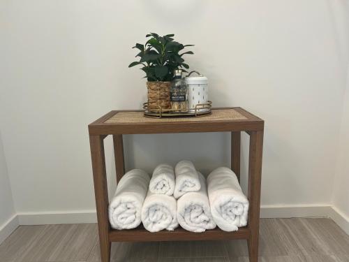 a shelf with towels and a plant on it at Minutes to Rock City, Ruby Falls, & Downtown in Chattanooga