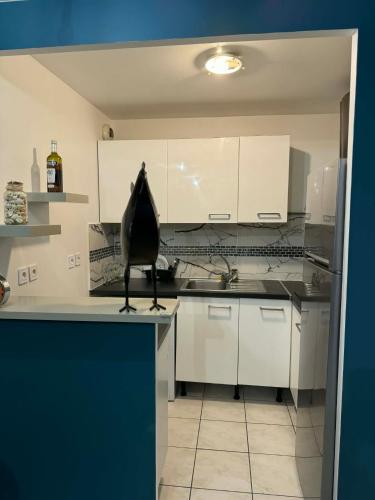 a kitchen with white cabinets and a black lamp on a counter at Apt Parisien in Vitry-sur-Seine