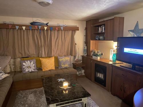 a living room with a couch and a flat screen tv at Paddocks 4 in East Mersea