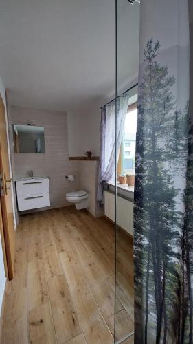 a bathroom with a toilet and a glass shower at Ferienhaus-Drachenfels-Busenberg in Busenberg