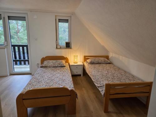 two beds in a room with two windows at Danka Riverside House in Livno