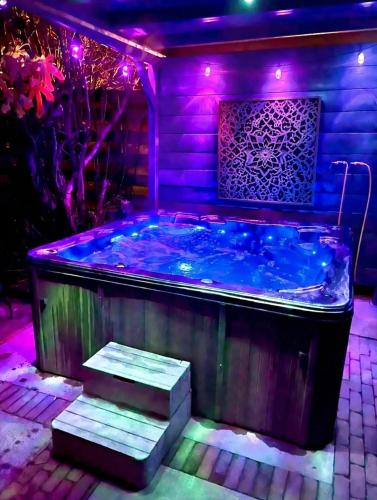 a jacuzzi tub with purple lights and steps at 1001 Nights Luxury Spa Oasis with jacuzzi sauna and garden near Amsterdam in Vijfhuizen