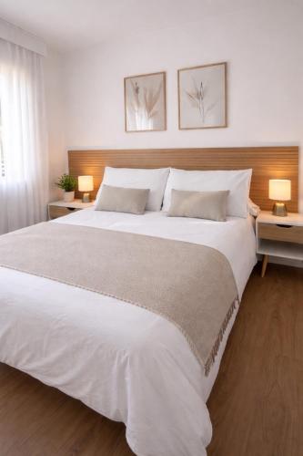 a large white bed in a bedroom with two lamps at Entre Plazas in Cáceres