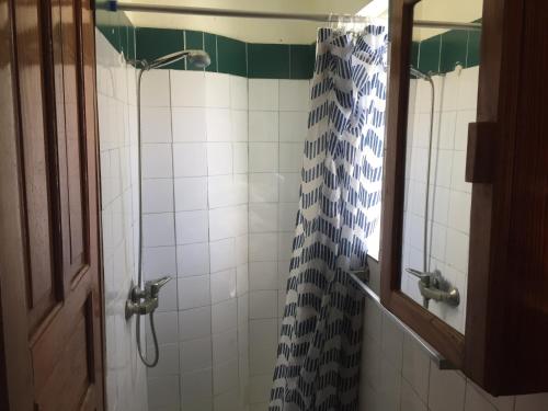 a bathroom with a shower with a blue and white shower curtain at Casa Delfin Guest House in Las Terrenas