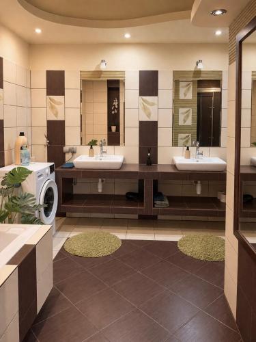 a bathroom with two sinks and a washing machine at Agroturystyka Parlińskie Wody II in Parlino