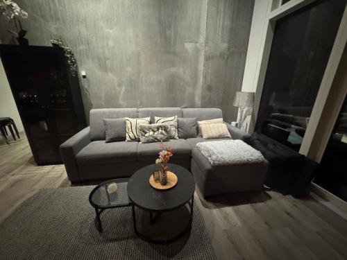 a living room with a couch and a coffee table at Aurora luxury villa in Reykholt