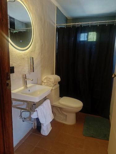 ein Badezimmer mit Toilette, Waschbecken und Spiegel in der Unterkunft Tiny Room Historic Center in Hermosillo