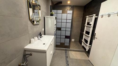 a bathroom with a white sink and a refrigerator at Bellevue in Colmar
