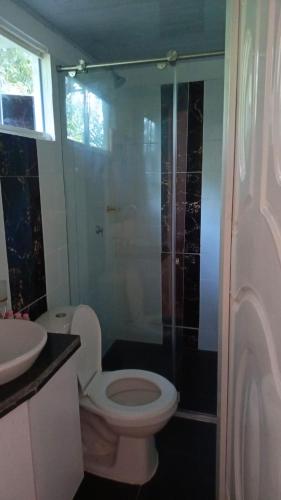 a bathroom with a toilet and a glass shower at Posada la Melosa in Guataquí