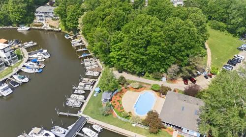 an aerial view of a marina with boats docked at Sandy Shores in South Haven