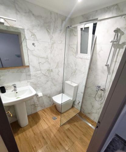 a bathroom with a shower and a toilet and a sink at Hector's Studios in Alikanas