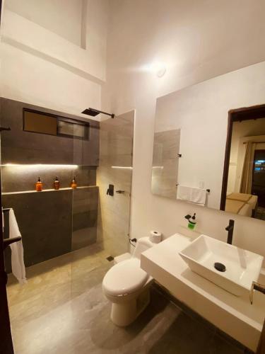 a bathroom with a toilet and a sink and a shower at Casa Hotel Serena in Guadalupe