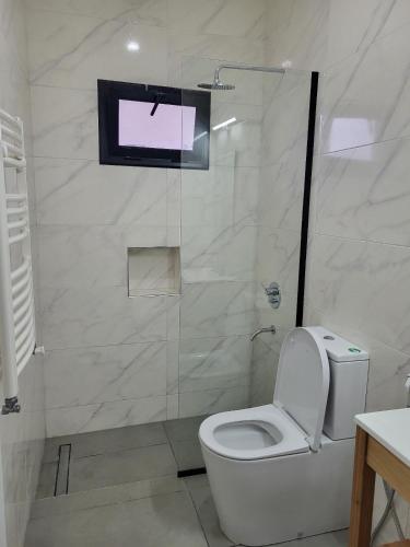 a white bathroom with a toilet and a television at Casa Paradiso Salta in Salta