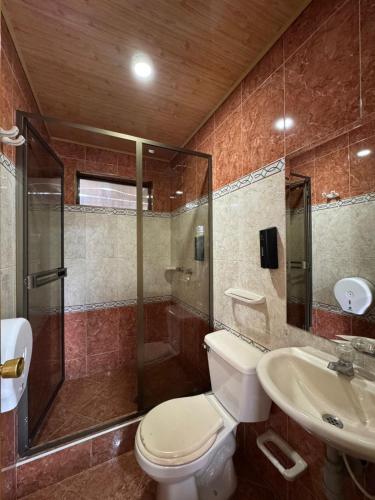 a bathroom with a toilet and a shower and a sink at Hostelfc Movistar57 in Bogotá