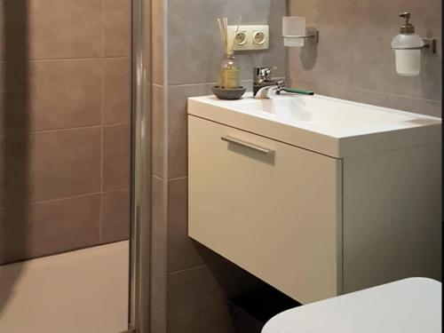 a bathroom with a white sink and a toilet at Cozy Durbuy Chalet with fireplace in Dochamps