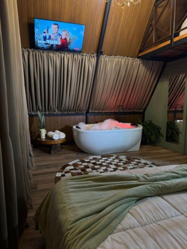 a bedroom with a tub and a tv and a bed at Chalé Amor & Serra in Lauro Müller