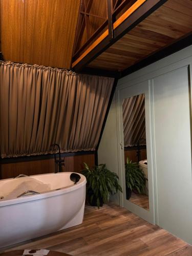 a bathroom with a bath tub in a room at Chalé Amor & Serra in Lauro Müller