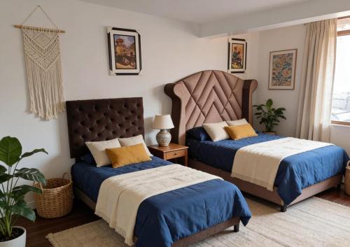 a bedroom with two beds with blue and white sheets at Hospedaje Paris in Cusco