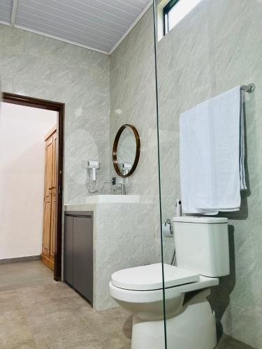 a bathroom with a toilet and a sink and a mirror at Sedana Pertiwi House in Ubud