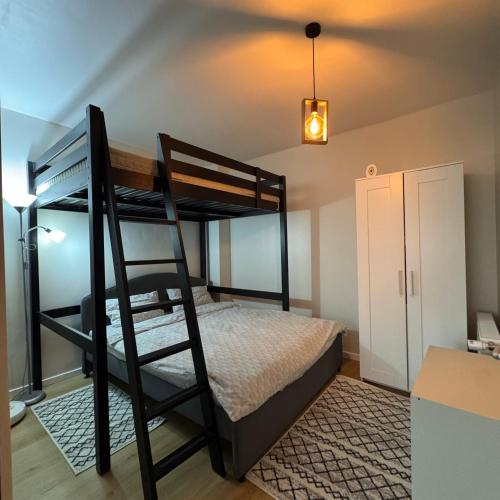 a bedroom with a bunk bed with a ladder at Ap DoDe Predeal in Predeal