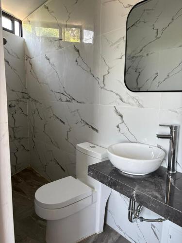 a bathroom with a white toilet and a sink at Estadía San Vicente in San Vicente de Cañete