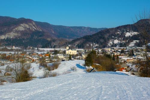 a snow covered hill with a town in the background at Apartment Dijak in Bohinj