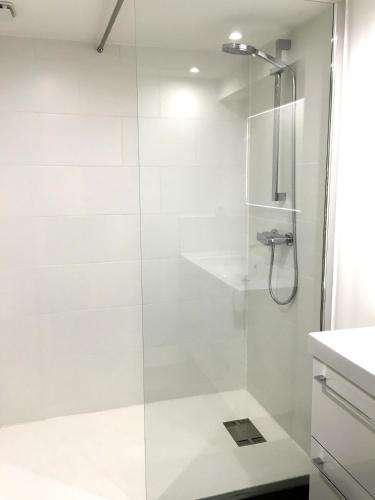 une douche avec une porte vitrée dans une salle de bain dans l'établissement La Loge du 12, à Bordeaux