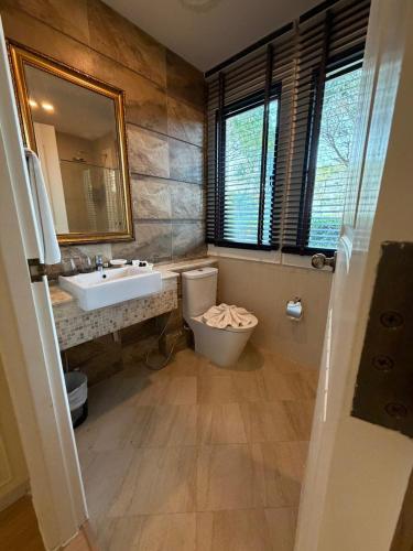 a bathroom with a toilet and a sink and a mirror at Estella Pool Villas Pattaya Formerly Chivani Pattaya in Na Jomtien