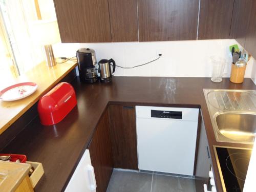a kitchen with a counter top with a white dishwasher at Cozy apartment for groups in Veysonnaz