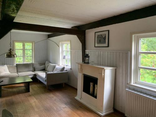 a living room with a couch and a fireplace at Haus Siebenstein Living for a good cause in Drochtersen
