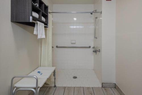 a white bathroom with a shower with a sink at Rodeway Inn Ardmore I-65 in Elkton