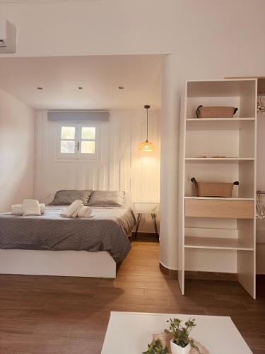 a bedroom with a bed and a book shelf at Louvros Luxury Suites in Dassia