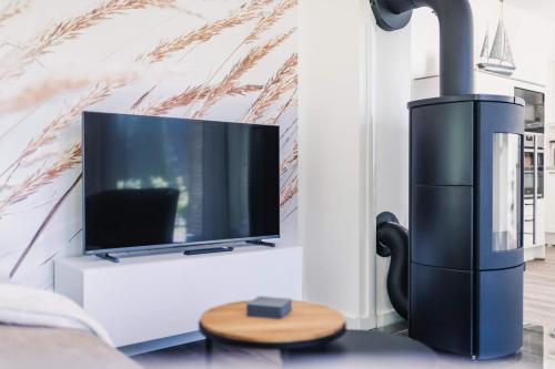 a living room with a tv and a water heater at Sommersonne in Zingst