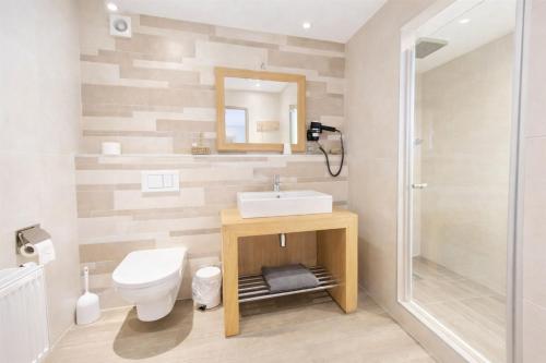 a bathroom with a sink and a toilet and a shower at Hôtel La Ferme de Sy in Ferrières