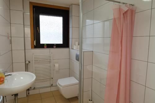 a bathroom with a sink and a toilet and a window at Pension Highway - Bielefeld Senner Hellweg 227 in Bielefeld