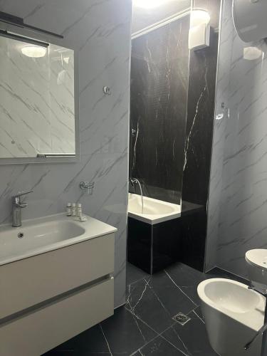 a bathroom with a sink and a tub and a toilet at Iceland Apartment in Tirana