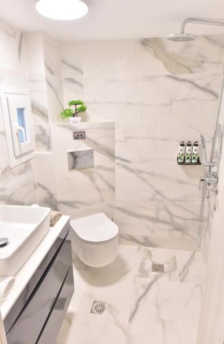 a white bathroom with a toilet and a sink at EREA Homes Apartments in Eretria