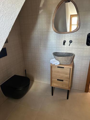 a bathroom with a sink and a toilet and a mirror at Chalupa Vlachovice in Vlachovice