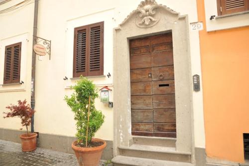 a door to a building with two plants in front of it at Il Valentino in Castel Gandolfo