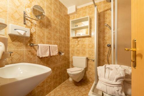 ein Badezimmer mit Toilette, Waschbecken und Dusche in der Unterkunft Hotel Thaneller Stadl Bräu in Berwang