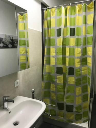 a bathroom with a sink and a shower curtain at Easy Stay Monteurswohnung in Geislingen an der Steige