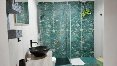a bathroom with a shower with a glass wall at Bred breakfast D&D in Augusta
