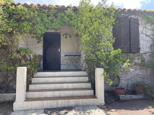 a stairway leading to a blue door in a building at maison 50m plage in Belvédère-Campomoro