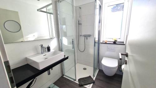 a white bathroom with a sink and a shower at PONTUS Ferienwohnung FeWo 1 in Zislow