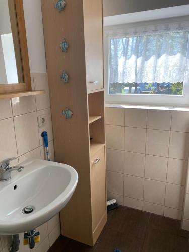 a bathroom with a sink and a window at Fewo 4 in Markkleeberg