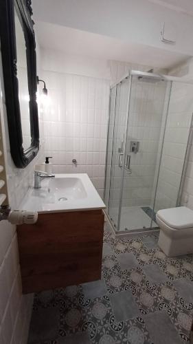 a bathroom with a shower and a sink and a toilet at Il Nido di Kora in Pescasseroli