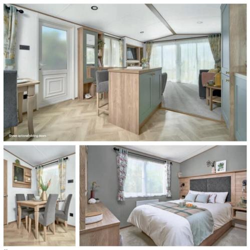 two pictures of a bedroom and a living room at Hardys Caravan Park in Ingoldmells