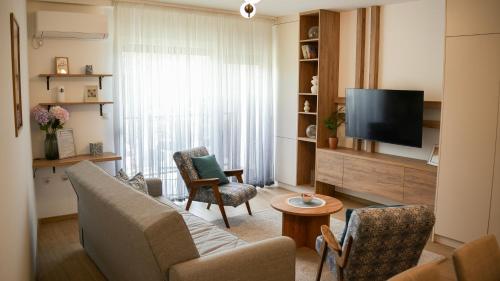 a living room with a couch and chairs and a television at Apartman Jančić in Loznica