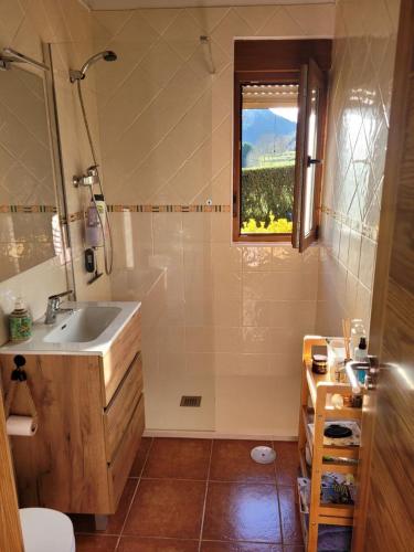 a bathroom with a sink and a window at La Casuca in Celucos